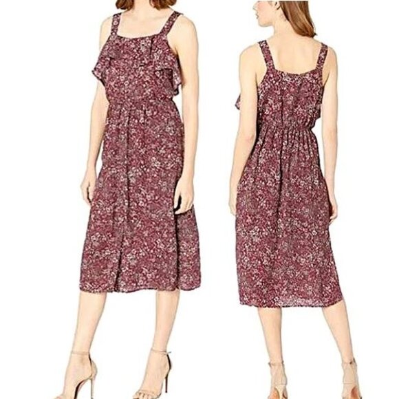 NWT!! BOBEAU - Burgundy sleeveless front ruffle floral dress - Picture 4 of 11